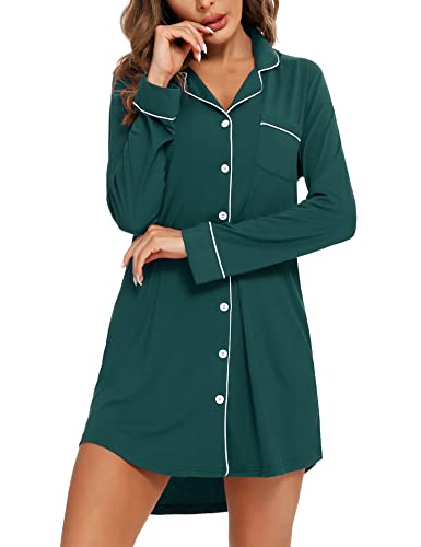 Image of Samring Nightgown for Women Long Sleeve Button Down Night Gown Boyfriend Nightdress Sleep Shirts