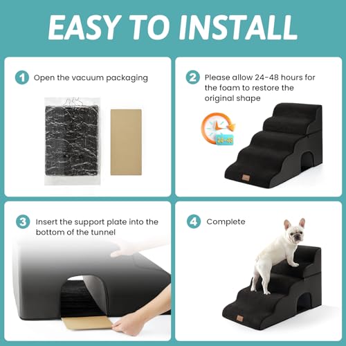 Image of COZY KISS Dog Stairs,with condo,22.4 inch H 5 Steps for Bed,Black | 5-step dog stairs and ramps for Old Cats, Puppy, Small Dogs,Non-Slip Base,for Couch & Bed,17.7x33x22.4