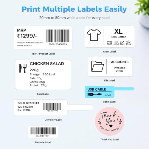 Image of EXEO EX58L Portable Bluetooth Thermal Label Printer for Business, Office & Home | 2 Inch | Inkless | 203 DPI | Android, iOS, Windows & Mac | Free Label Printing App | Barcode, MRP & Product Labels