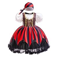 AGYMNX Girls Pirate Costume with Bandana Short Bubble Sleeves A-Line Fluffy Dress for 3-9Y Girls Pirate Theme Party Dress up