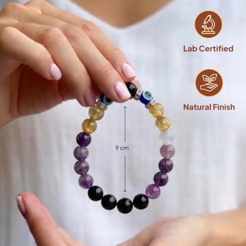 Image of Meen (Pisces) Rashi Bracelet | Black Tourmaline, Lepidolite, Amethyst, Aquamarine, Citrine, Evil Eye | For Pisces Intuition & Spirituality | Balances Emotion & Insight | For Men & Women