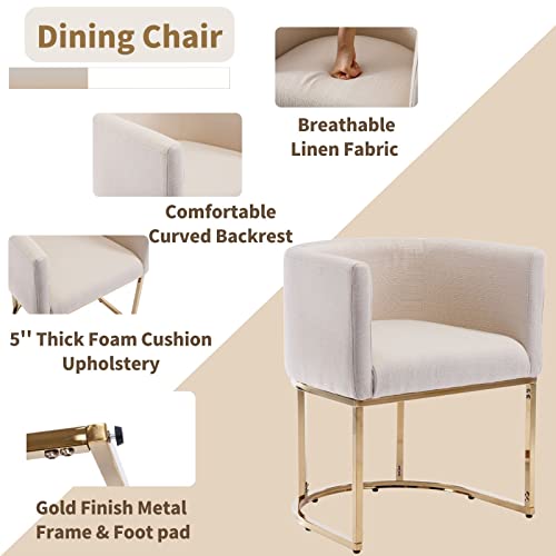 Image of HNY Mid Century Modern Upholstered Barrel Dining Chairs with Arms Set of 3, Linen Kitchen & Dining Room Chairs, 18.5 inch Wide Accent Chairs for Dining Room Living Room with Gold Metal Frame, Cream