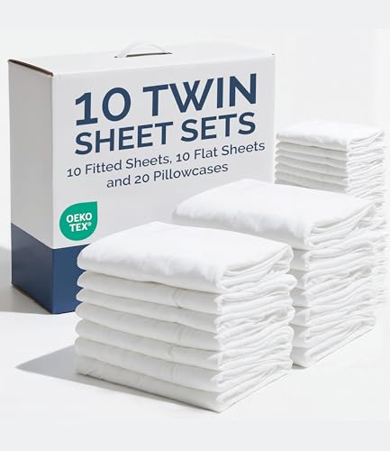 Bulk Case Pack of 10 Sheet Sets - Complete 4 Piece Sheet Sets - Bulk Twin Size Bedding - Wholesale Case Pack for Hotels Spa & Airbnbs - Deep Pocket & Wrinkle Free - Cooling & Breathable - Twin White