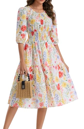 Image of Kormei Women Casual Boho Floral Round Neck 3 /4 Sleeve Smocked Waist Tiered A Line Flowy Swing Midi Dress Long Dresses
