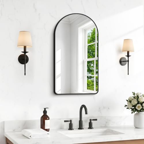 Image of BONEWEI Arched Wall Mirror,18x30 inch Black Arched Mirror Bathroom,Vanity Mirror for Over Sink Metal Frame,Tempered Glass Arch Mirrors for Bedroom,Entryway,Living Room,Home Decor Shatter-Proof