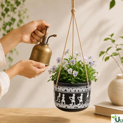 Image of Urban Upvan Tribal Art Design Printed Black Hangingpot with Rope - Premium Decorative Planter for Indoor & Outdoor Plants, Modern Elegant Flower Pot for Home, Garden & Office