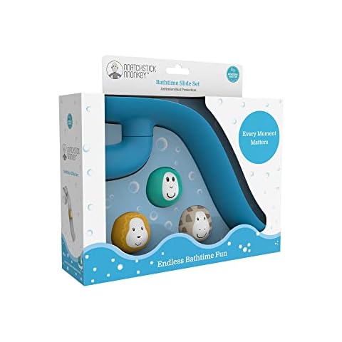 Matchstick Monkey, Bathtime Slide Set, Antimicrobial Baby Bath Toy, Easy To Grip, Sensory Learning - Slide Set (1 Slide + 3 Fun Animal Character Rocks), 12 Months Old+, Blue Cover