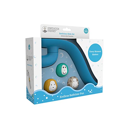 Matchstick Monkey Bathtime Badezeit Rutschset, Baby Badespielzeug, 1 Rutsche und 3 lustige Tierkugeln, leicht zu greifen, ab 12 Monaten (Rutschen-Set blau) Cover
