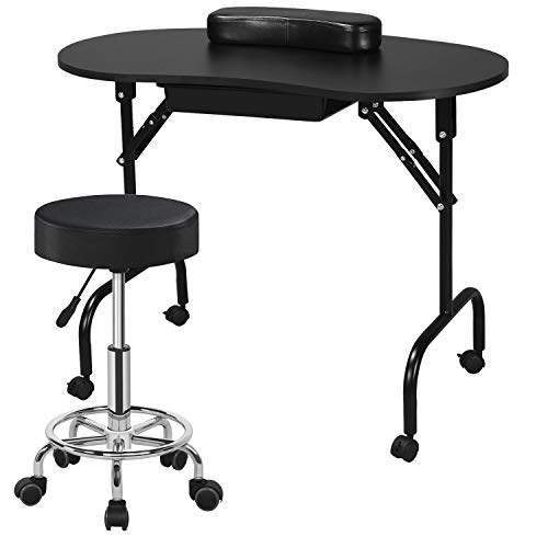 Yaheetech 37-inch Foldable Manicure Table & Rolling Stool, Nail Desk Workstation w/Carrying Case/Wheels and 360° Swivel Height-Adjustable Chair Stools Set for Spa Beauty Salon-Black