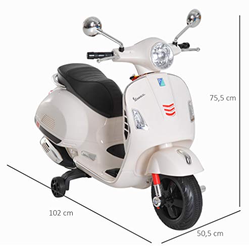 Miniatura 7 de Homcom Moto Eléctrica Para Niños De 3-6 Años Con Licencia Vespa Moto De Batería Para Niños Con Música Velocidad 2-3 Km H Y Bocina Carga 25 Kg Blanco