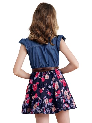 JEATHA Girls Summer Dress Sleeveless Denim Top Floral Print Tutu Princess Sundress Casual Wear3