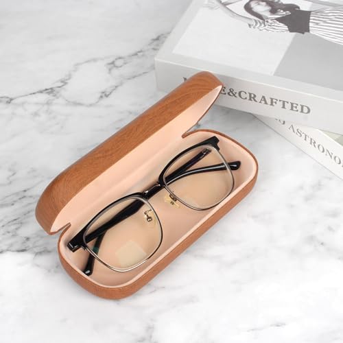 Image of Hard Shell Glasses Case, Portable Wood Grain Sunglasses Case, Large Eyeglass Cases Concise With Cleaning Cloth for Women Men