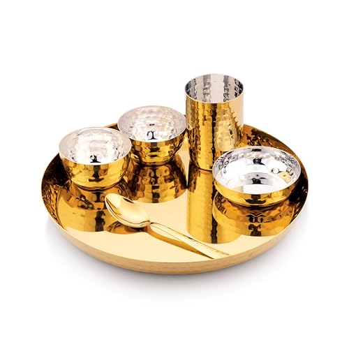 Image of Silverglow Aurum PVD Gold Plated Stainless Steel Dinner Set (6 Pcs) | Hammered Luxury Thali Set with Plate, Glass, Bowls & Spoon | Premium Dining Set | Wedding, Diwali, Pooja, Housewarming Gift Set