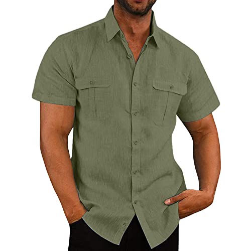 Cotton Linen Shirt Short Sleeve Casual Button Down Lightweight Hawaiian Shirts Breathable Holiday Vacation Tops