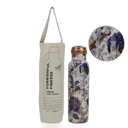 FURNISHFUL FINESSE Pure Copper Water Bottle 34 Ounce Copper Bottle with JUte Carry Bag For Gym Office (Pack of 1, White Floral) - Image 2