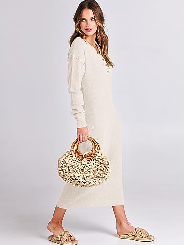 Image of ANRABESS Women Long Sleeve Button V Neck Oversized Casual Loose Fit Waffle Knit Fall Midi Sweater Dress 2026 Trendy Outfits