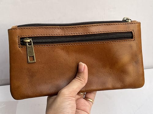 Image of Vintage Leather Pencil Case Pouch, Pen Pouch for Work & University, for Men,Women /Leather Pencil Cases for Adults Perfect for Office /Tool Pouch Zipper Bag, Small Tool Bag (Light Tan)