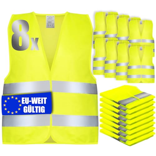 ZUPAPJO Gilet Jaune Adulte, 8 PCS Gilet Jaune Voiture, Gilet Fluorescent de Sécurité Haute Visibilité à 360 °, Gilet Haute Visibilité Hommes et Femmes, Gilet de Securite pour Conducteurs Travailleurs