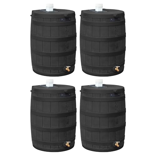 Image of Good Ideas Rain Wizard 50 Gallon Plastic Outdoor Home Rain Barrel Water Storage Collector with Brass Spigot and Flat Back Design, Black (4 Pack)