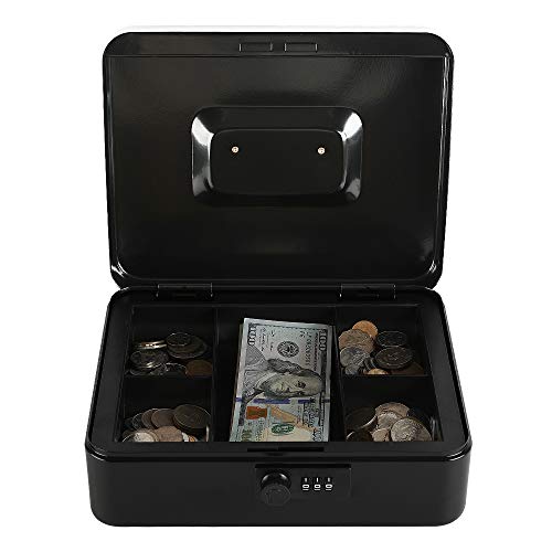 Xydled Steel Cash Box Safe With Combination Lock,Money Safe Box With Removable Coin Tray,Large,9.84"X 7.87"X 3.54",Black #TOP2