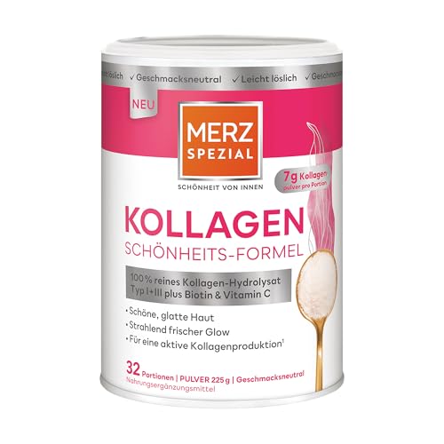 Merz Spezial Kollagen Schönheits-Formel Pulver 225g Mit Kollagen Typ I + III Biotin & Vitamin C - für strahlende Haut & Zellschutz geschmacksneutral - für tägliche Beauty-Routine