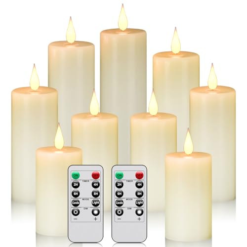 Image of Flameless Battery Operated LED Candles 3D Wick 24-Hour Remote Control Timer | with10 Key Button Remote Control Set of 9 Electric Flickering Pillar Real Wax ApplyTo Party, Wedding,Dinner Home Decoration