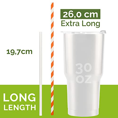 26 cm Extra Long Paper Drinking Tubes 100 Counts, 0.6 cm Diameter, Orange/White Stripes - Biodegradable High Straws - Image 3