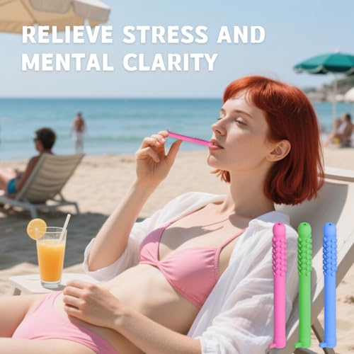 Image of Essential Oil Chewable Sticks 3-Pack, Aromatic Chewable Sticks with Essential Oil - Focus & Calm Aid with Peppermint & Rosemary, Reusable Food-Grade Silicone Habit Relief Tool (Blue, Green, Red)