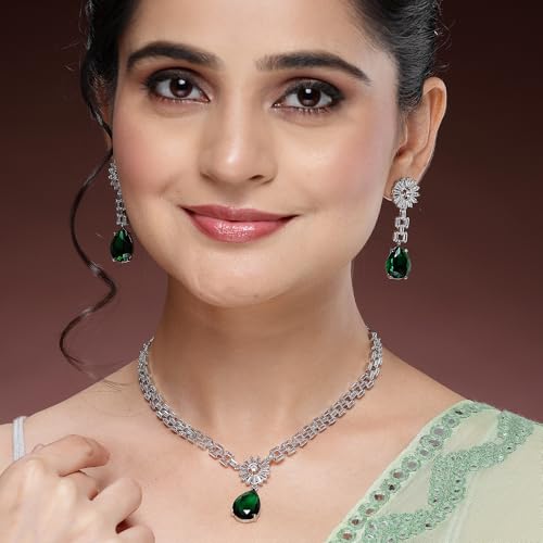 Image of ZENEME Rhodium Plated Brass Silver Toned Luxurious Sparkle Pink Necklace & Earring Jewellery Set For Women & Girls