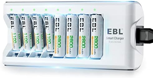 EBL Upgraded 8 Slot Battery Charger with 4 AA 4 AAA Batteries, Smart Individual Charging for Ni-MH Ni-CD, 1.2V DC Output