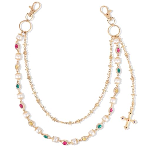 Pants Chain, Alloy Double Layer Pearl Wallet Chains with Crucifix Pendant Stylish Jeans Accessory Personalized Jewelry for Women Men Pocket Pants
