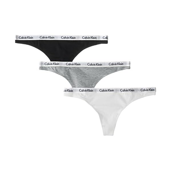 Calvin-Klein-Womens-Carousel-Logo-Cotton-Thong-Panty Calvin Klein Women's Carousel Logo Cotton Stretch Thong Panties, 3 Pack, Black/White/Grey Heather, Medium