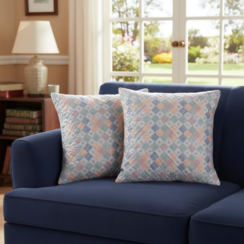 Image of STITCHNEST 'QuadraNest' Series Printed Quilted Velvet Cushion Cover 16x16 Inch Set of 2 | Premium Soft Fabric, Washable & Fade Resistant | Decorative Living Room Cushion Covers | Serene Pastel Check