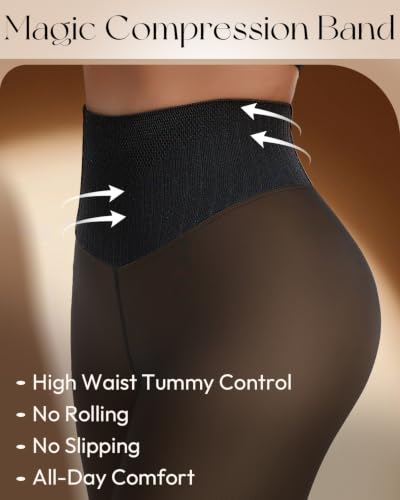 Image of Fleece Lined Tights Women One Line High Waist Warm Sheer Fleece Tights Thick Thermal Pantyhose Winter Black