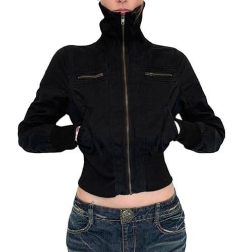 Womens Bomber Jacket Y2k Lapel Long Sleeve Cropped Light Jacket Zip Up Cargo Jacket Fall Coat 90s Streetwear