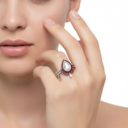 Image of 55Carat Choose Your Gemstone Bezel Pear Shape Halo CZ Diamond CZ Ring Sterling Silver Pear Shape Wedding Ring Sets Ornaments Surprise for Wife Symbol of Love Clarity Comfortable US Size 4 to 12