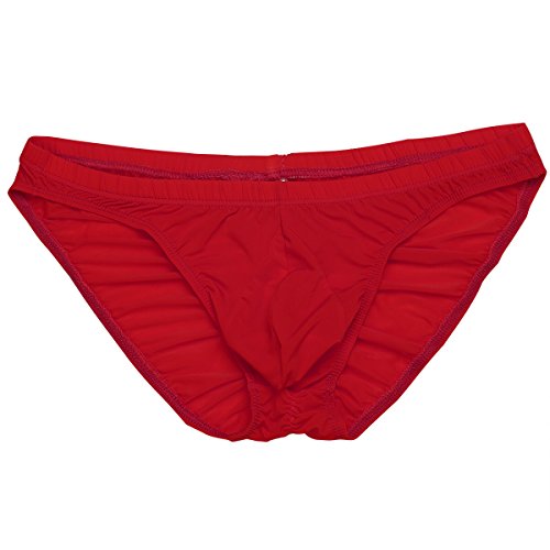 FEESHOW Men's Silky Bikini Briefs Bulge Pouch Underwear Swimwear Ruched Back (Red, one Size)