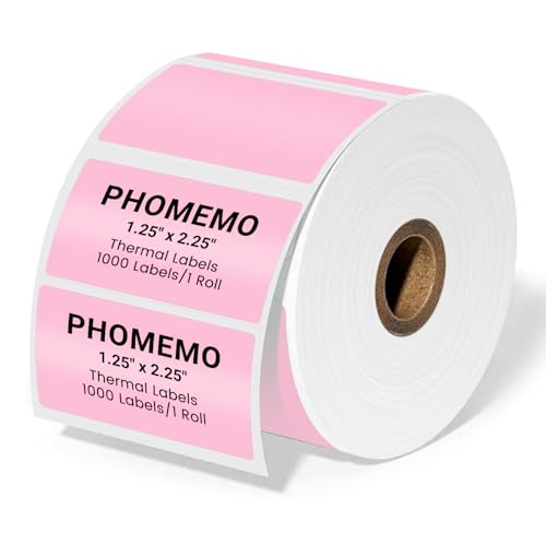 Image of Phomemo 2.25 inchx1.25 inch White Thermal Labels, Self-Adhesive Sticker Label, Rectangle Direct Thermal Printer Labels for Phomemo 241bt, D520BT, B246D Label Printer, 1000 Sheets /Roll, Pink