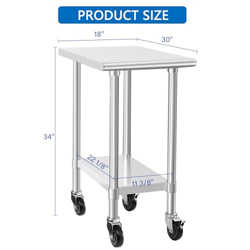 Image of HARDURA Stainless Steel Commercial Table Prep & Work Table with Casters Heavy Duty Metal Table with Wheels NSF 430 30x18 Inches