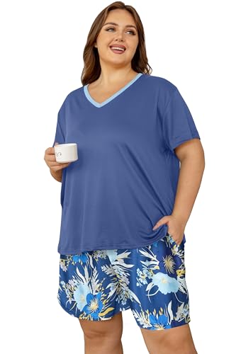 Image of Vozanet Women's Short Sleeve Top and Shorts Pajama Sets Plus Size V Neck Colorful Flower Nighty Loungewear With TWO Pockets