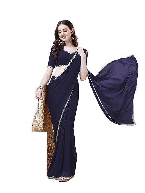rajeshwar fashion with rf Women's Plain Georgette Sarees For Girls College Farewell & With Mirror Work Lace Border & Unstitched Blouse Material-picture-33