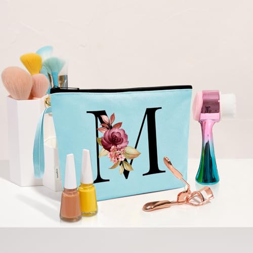 Image of Vavabox A-Z Personalized Makeup Bag, Birthday Gifts for Women Mom, Gifts for Best Friend, Bride Bridesmaid Cosmetic bag (M, Aqua)