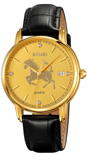 Montre zodiaque cheval MASTOP en cuir noir et doré réglable pour homme et femme