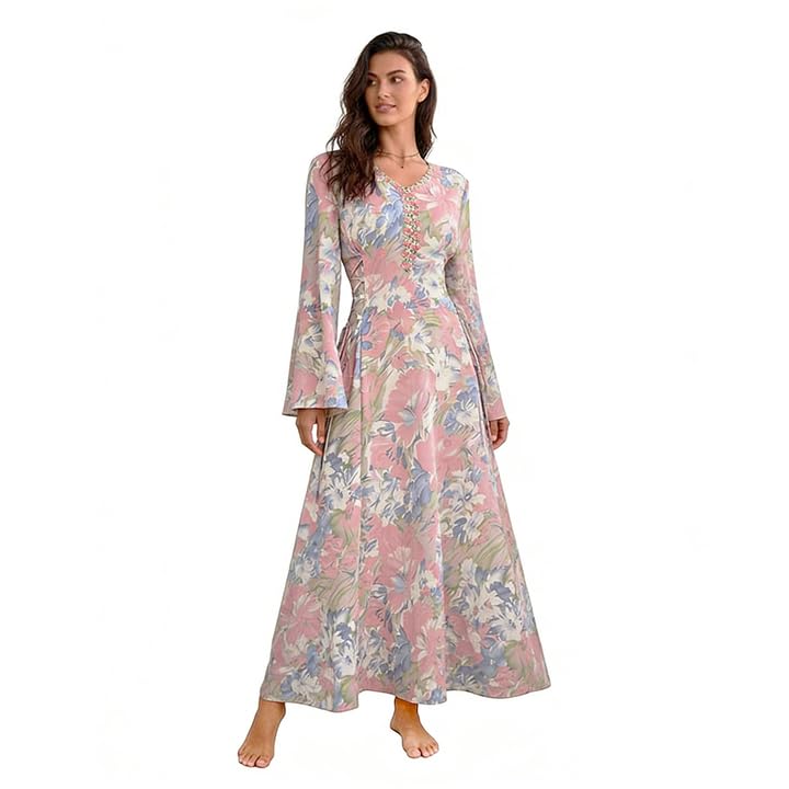 Dresses for Women Stylish long dress Formal Slim-Fit V-Neck Flare Sleeve Elegant Floral Print Design A Line Dresses for Banquet Partiesdress Prom Summer