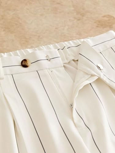 ZAFUL Mens Casual Pants Woven Elastic Waist Vertical Striped Tapered 3/4 Loose Button Trousers with Pockets4