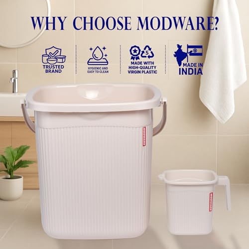 Image of Modware Square Ribbon Plastic Bucket Set with Mug | 25L Brown Bathroom Bucket with Handle + 1.5L Mug | Heavy-Duty Polypropylene + Co-Polymer | Stylish & Durable Bath Set (Cream 25 L)