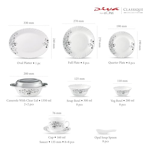 Image of La Opala Diva Classique Collection Opal Glass Crockery | for Family of 8 | Dinner Set 61 pcs Mystrio Black | Plates & Bowls for Dining | Microwave Safe | 100% Vegetarian | Extra Strong | White