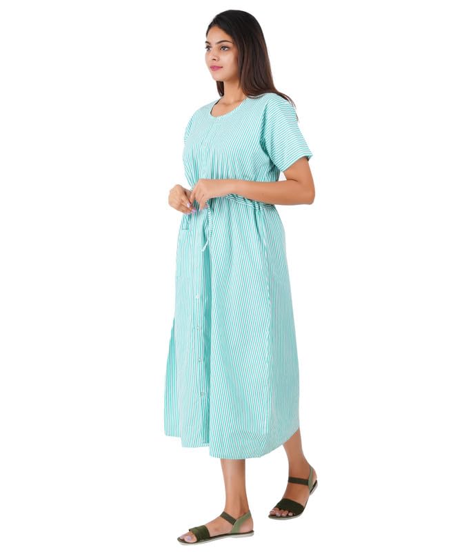 Image of Women's [L-4XL] Full Open /Front Buttoned [a kind of Adaptive Clothing]Multipurpose Nighty for Maternity /Pregnancy /Elderly /Patient /Feeding /Hospital Purpose Nighty(Green Stripes XXL / Calf Length