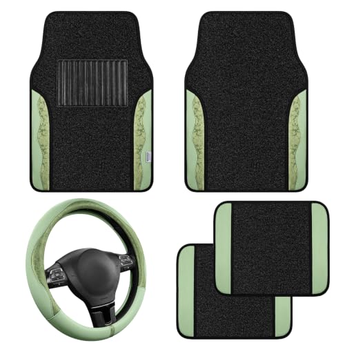 PIC AUTO Steering Wheel Cover & Car Floor Mats, Green Patterned Leather Patchwork, Universal 14.5"–15.5" Steering Wheel Cover, Anti-Slip Odor-Free Car Mats for Most Sedans, SUVs & Cars, Durable Grip