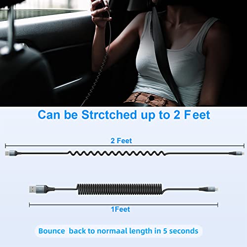 Coiled Lightning Cable, Iphone Charger Cable 3Ft For Car, 2 Pack [Apple Mfi Certified] 3 Feet Lightning Cord Compatible With Iphone14/13/12/11 Pro Max/Xs Max/Xr/Xs/X/8/7/Plus/6S Ipad/Ipod- Black #TOP5